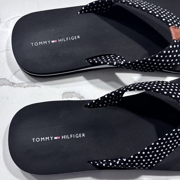 Tommy Hilfiger Women’s Navy Blue Polka Dot Flip Flop Size 8M Leather Toe Strap - Picture 4 of 10